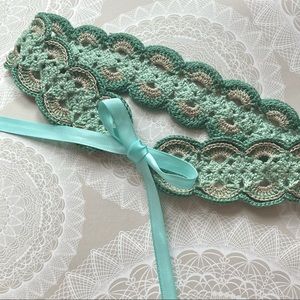 mint shimmery lace headband (hand crocheted by me)